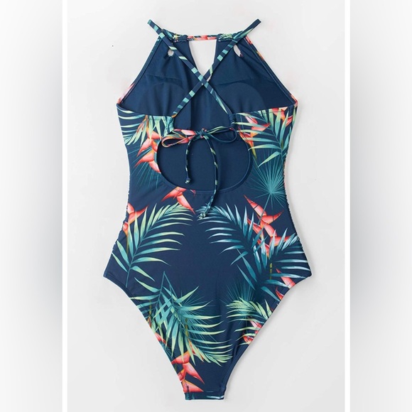 Teal Blue Bird Of Paradise Tropic Floral One Piece Swimsuit SIZE L Side Ruching - Picture 6 of 6